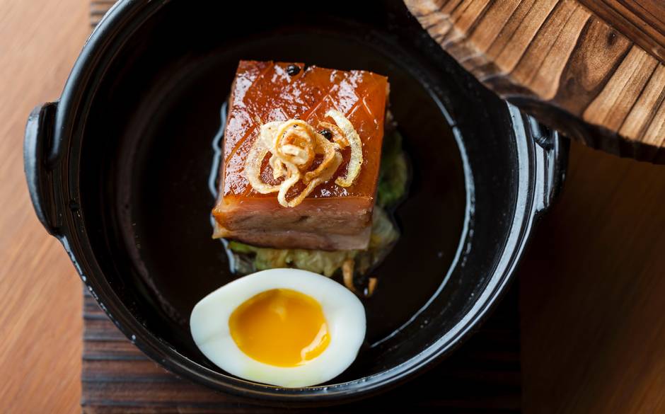 Apple smoked pork belly, braised cabbage and egg